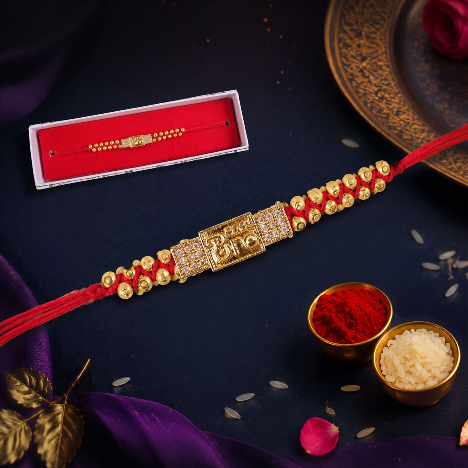 Stylish Brother Nameplate AD Stone Designer Rakhi with Gold Beads Gift