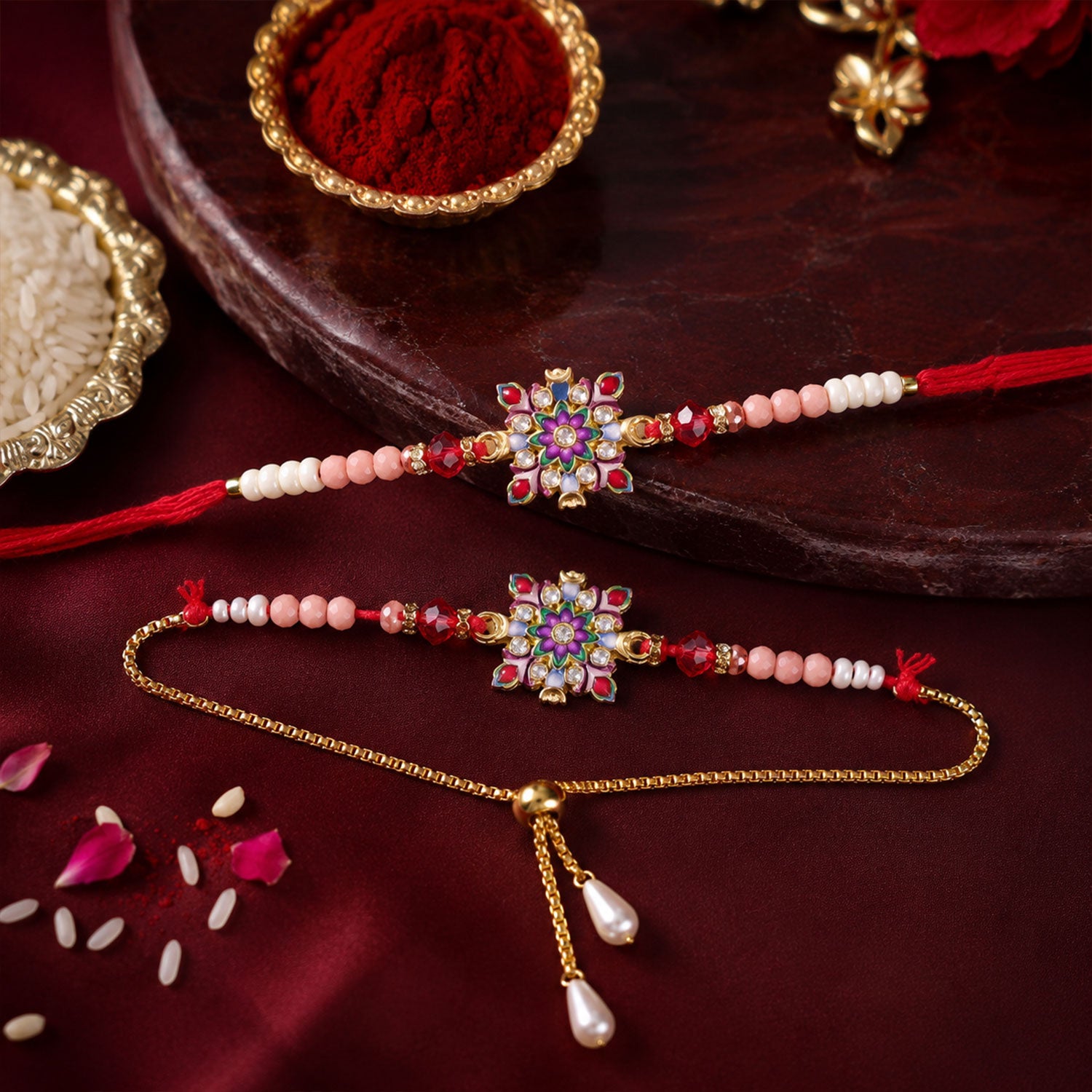 Designer Floral Bhaiya Bhabhi Rakhi with Beads and Adjustable Bracelet
