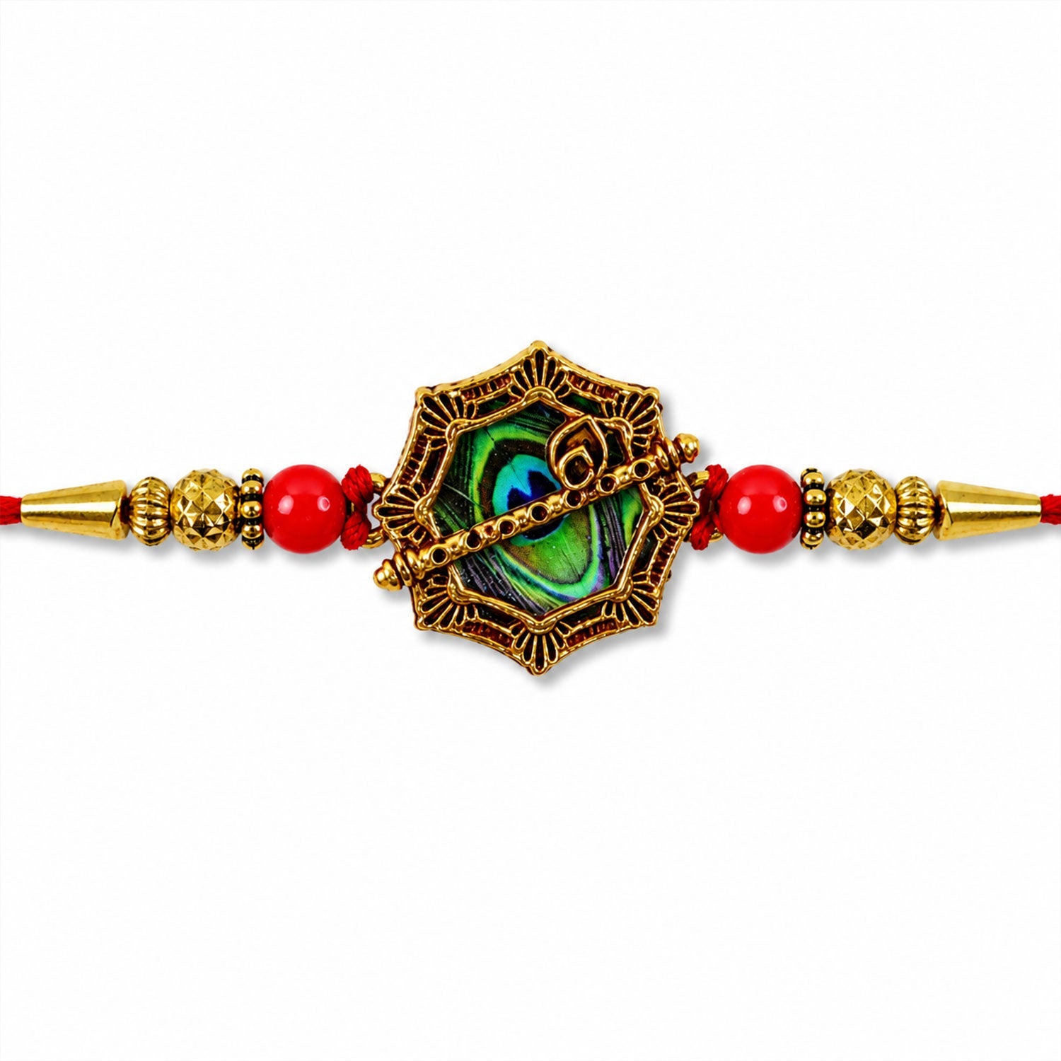 Shop Peacock Feather Rakhi Golden Frame Red Beads (5pcs)