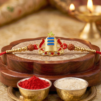 Gold Shivling Rakhi with Blue Tilak and Rudraksha Beads