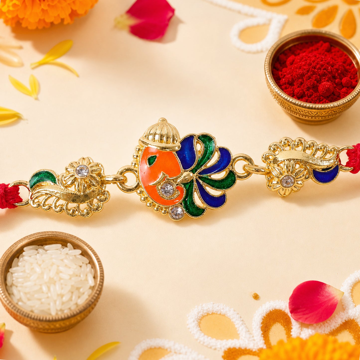 Gold-Toned Lord Ganesha Rakhi with Peacock Feather Enamel, Crystal Accents & Designer Red Thread