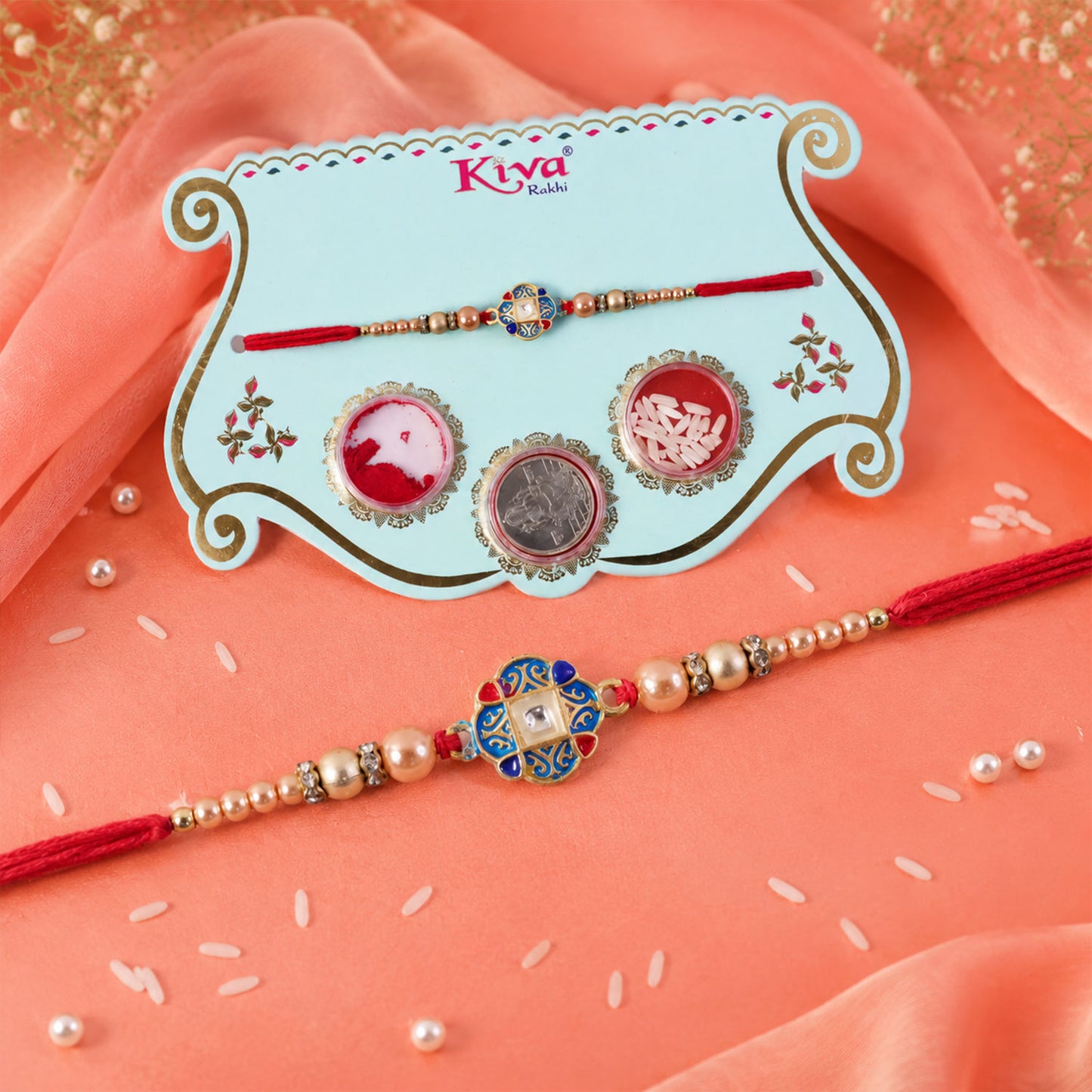 Blue Enamel Mandala Rakhi with Golden Star Detail, Roli Chawal Coin and Gift Box Packing