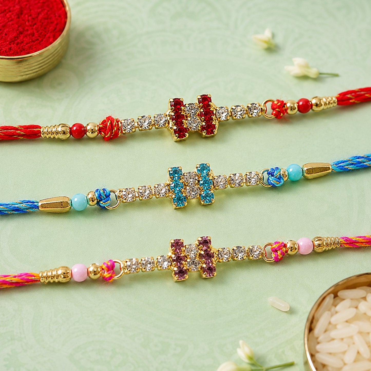 Bold Twin Stone Bar Rakhi with AD Sparkle for Brother (Pack of 6)