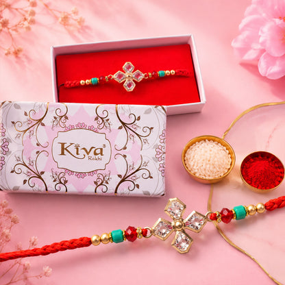 Diamond Flower Crystal Rakhi with Turquoise Beads, Roli Chawal Coin and Gift Box Packing