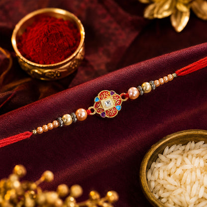 Round Red Meenakari AD Stone Designer Rakhi for Brother with Pearls