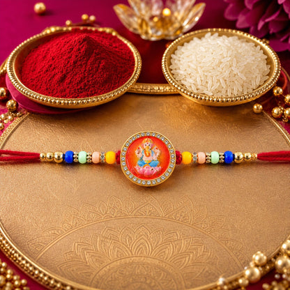 Ganesha Rakhi for Brother Golden Motif with Stones & Beads (5pcs)