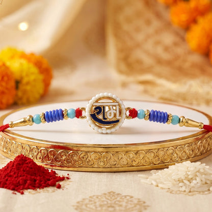 Designer Rakhi showcasing Devnagari script and vibrant beads