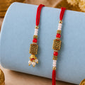 Geometric Rectangle Bhai Bhabhi Rakhi with Rectangular Emblem and Pearls for Gifting