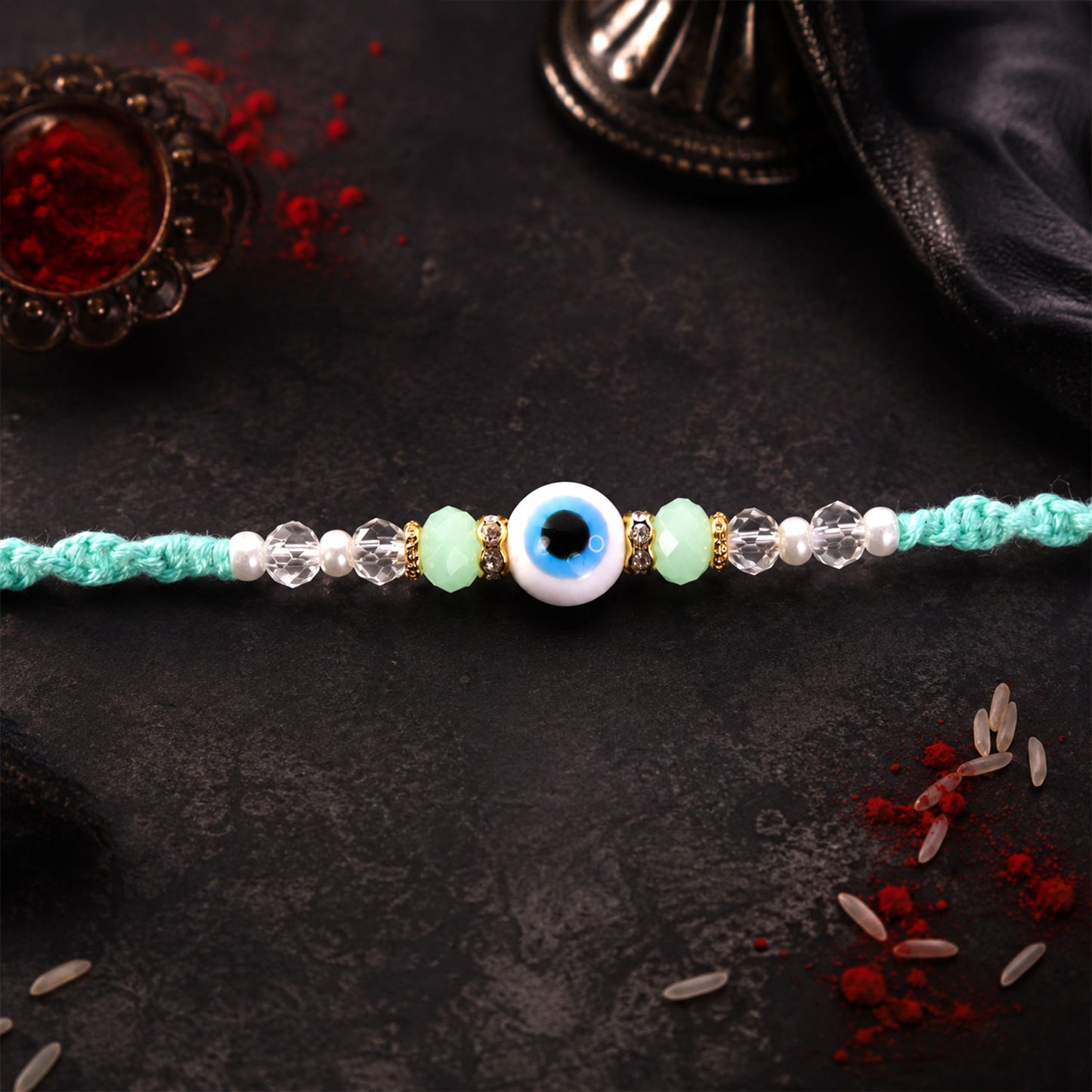 Blue Evil Eye Nazar Charm Rakhi with Turquoise Thread and Bracelet Style Beads