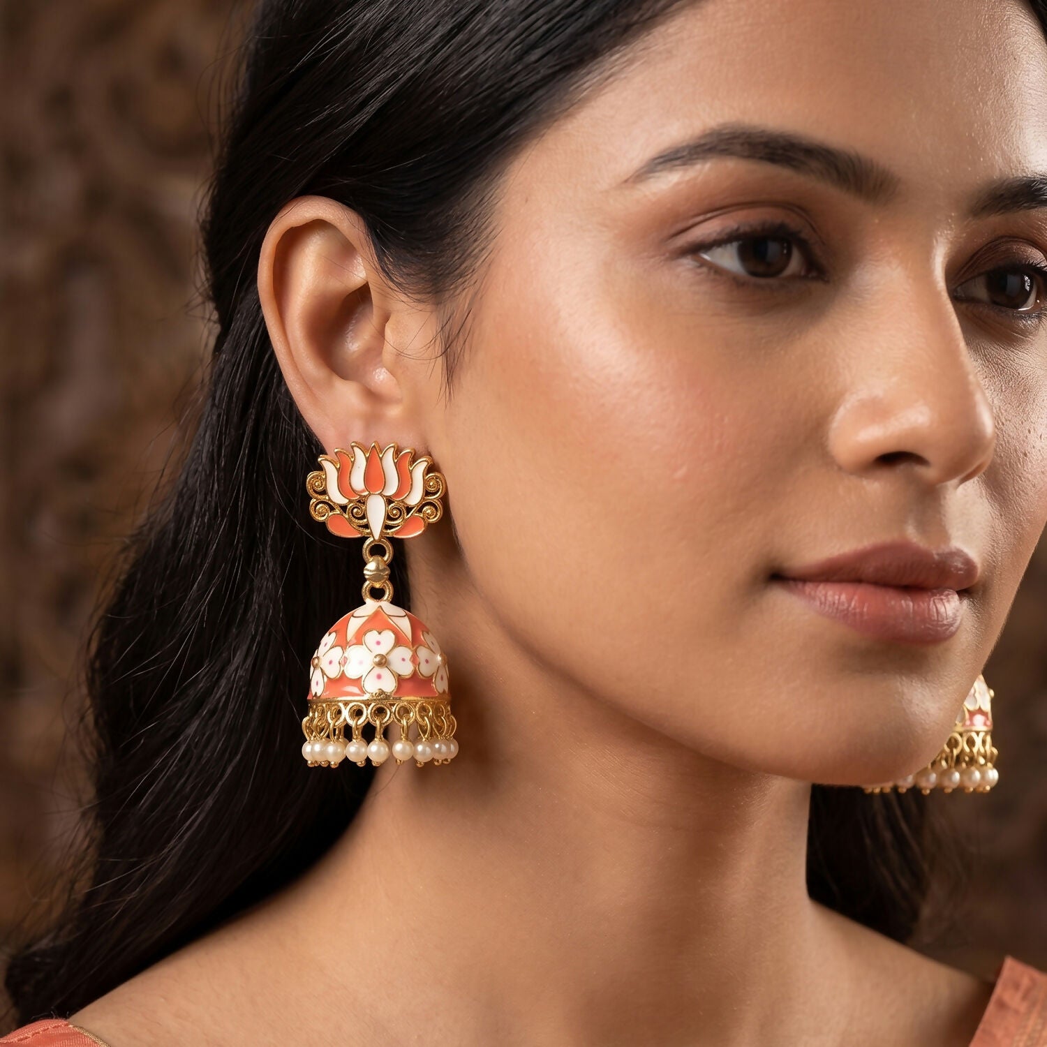 Detail of pearl drop beads on Peach Lotus Jhumka Earrings