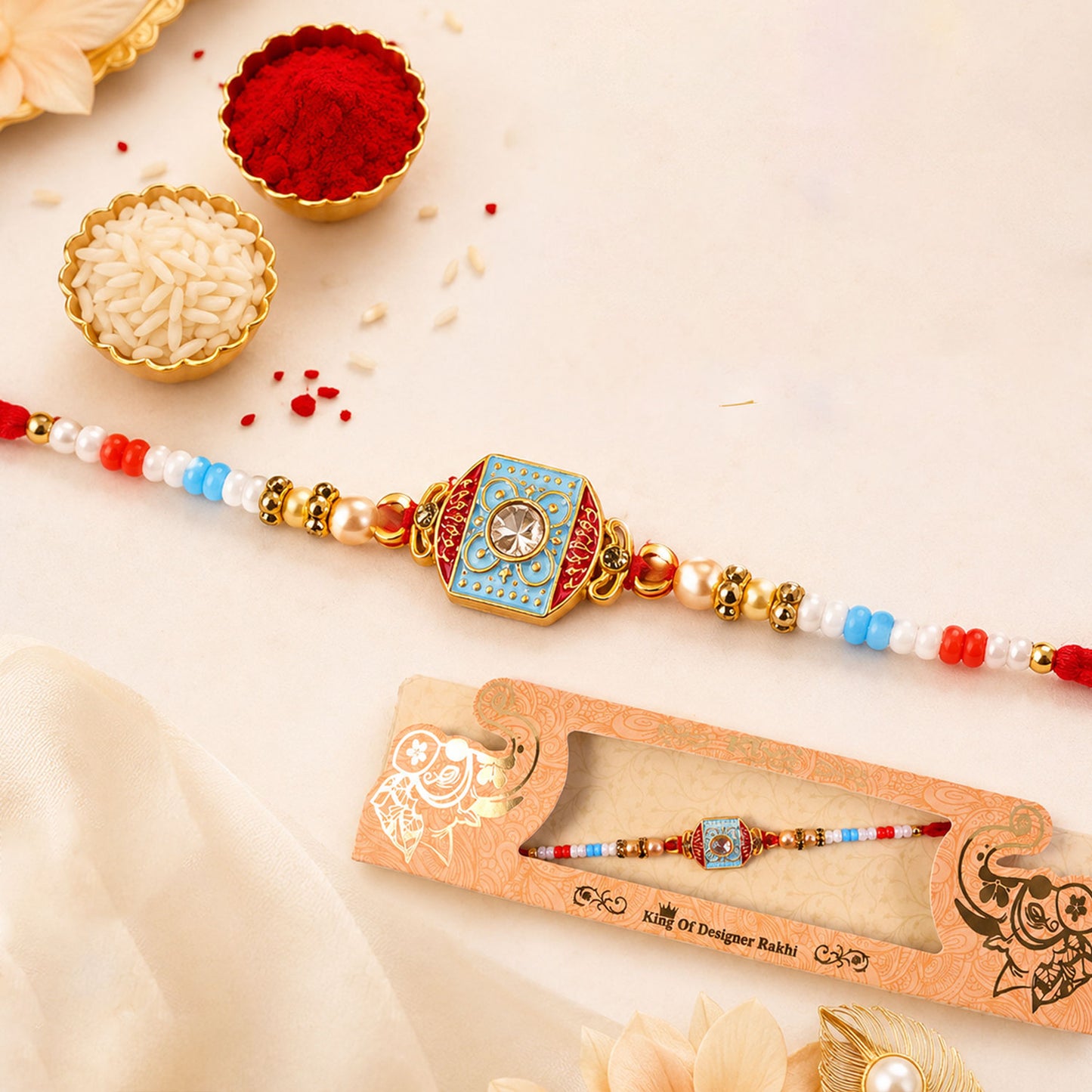 Sky Blue-Red Meenakari Designer Bhaiya Rakhi for Brother with Beads Gift