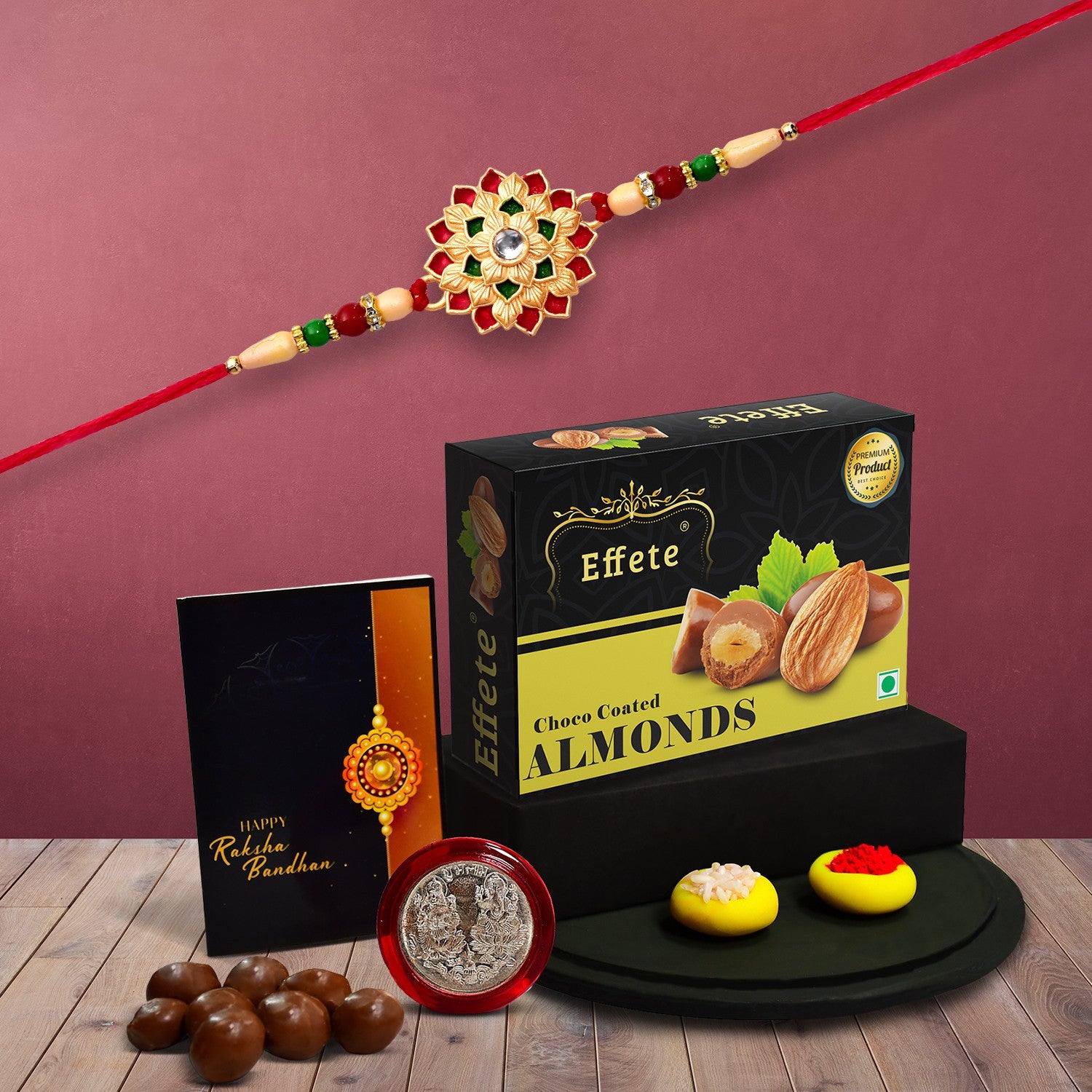 Floral Rakhi Gift Combo – Includes Chocolates, Card & Silver Coin – Raksha Bandhan