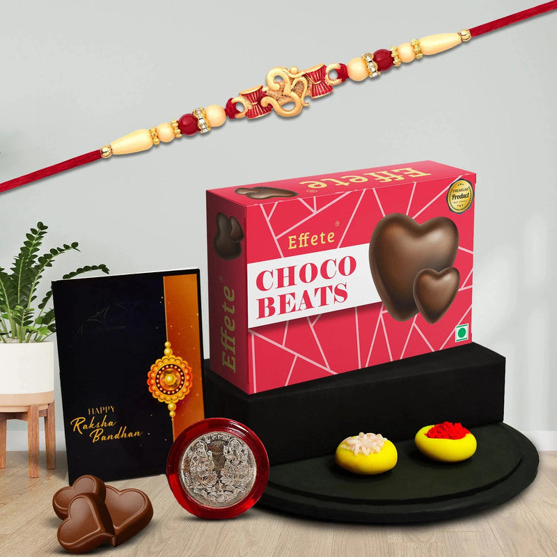 Rakhi Combo for Brother with Chocolate Beats (32-GM)Rakhi Gift | Silver, Plastic Gift Box