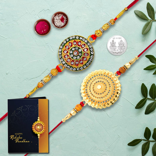 Traditional Designer Rakhi Combo Set with Blessing Coin, Roli Chawal, and Raksha Bandhan Greeting Card
