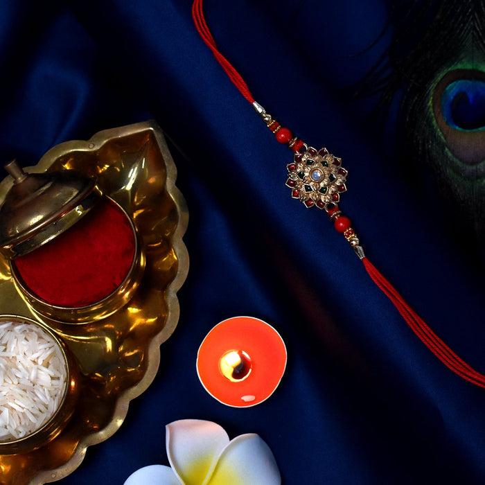 Golden Flower With Mina And Beads Rakhi