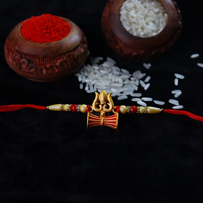 Damru Design With Trishul With Effete Choco Almond Chocolate 96Gm ,Silver Color Pooja Coin, Roli Chawal & Greeting Card