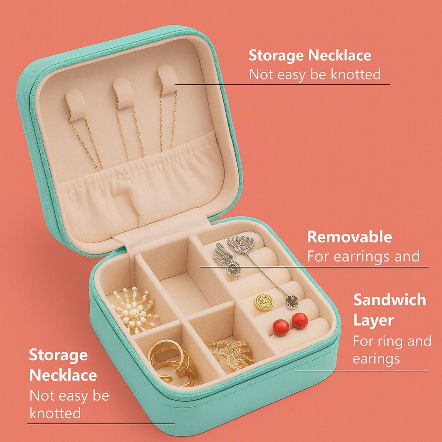 Travel Jewelry Box for Women | Compact Organizer with Rings & Necklace Slots