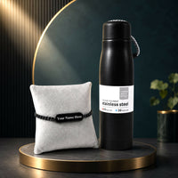 Personalized Name Engraved Black Rakhi & Insulated Steel Flask Combo Gift for Brother