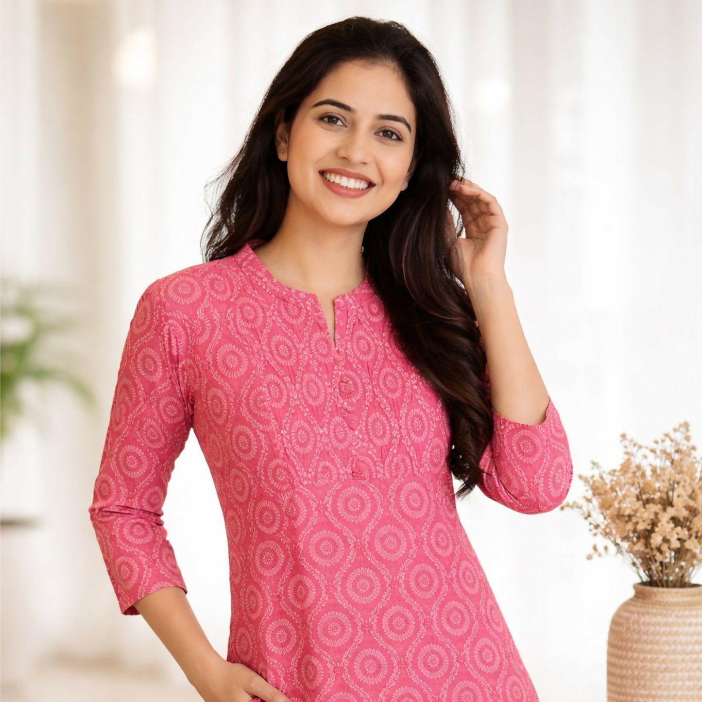 Pink cotton printed short kurti with mandarin collar and V-neck design