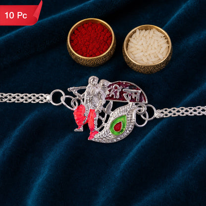 Devotional Morpankh Enamel Silver Chain Rakhi (10pcs)