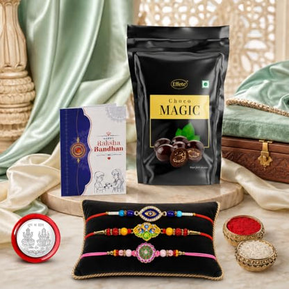 Evil Eye Rakhi Combo - Raksha Bandhan Gift with Choco Magic Standy Pouch, Pack of 7