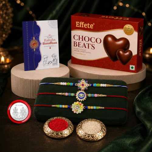 Evil Eye, OM, Evil Eye Rakhi Combo - Raksha Bandhan Gift with Choco Beats 32gm, Pack of 7