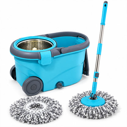 Spin Mop Bucket Set with Steel Wringer, Wheels and 2 Microfiber Refills
