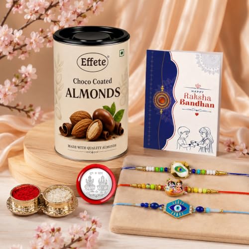 Radhe Krishna Rakhi Combo - Raksha Bandhan Gift with Choco Almonds 96gm, Pack of 7