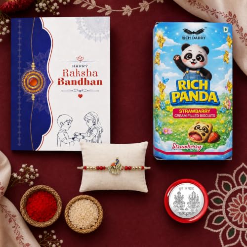 Peacock Rakhi Combo - Raksha Bandhan Gift with Strawberry Biscuit 60gm, Pack of 5