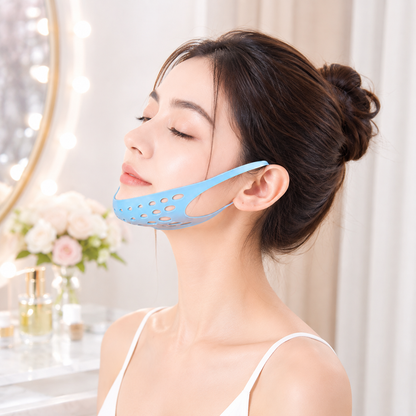 A woman with her eyes closed wears a blue silicone chin and ear strap with perforations, against a vanity background.