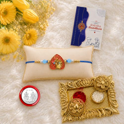 Radha Krishna Rakhi Combo - Raksha Bandhan Gift with Rectangular Pooja Thali, Pack of 5