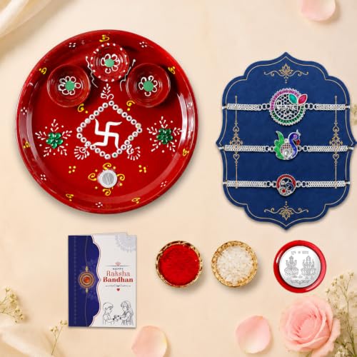 Rakhi for Brother with Decorated Pooja Thali - Raksha Bandhan Gift Set, Pack of 7
