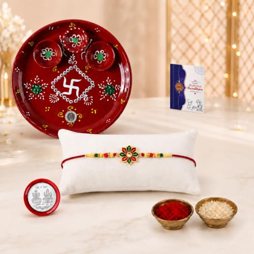 Flower Rakhi Combo - Raksha Bandhan Gift with Decorated Pooja Thali, Pack of 5 for Bhaiya