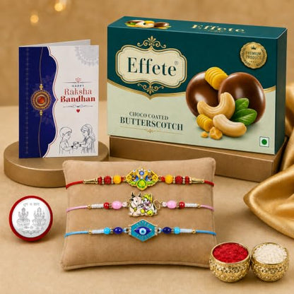 Krishna, Trishul Rakhi Combo - Raksha Bandhan Gift with Choco Butterscotch 32gm, Pack of 7