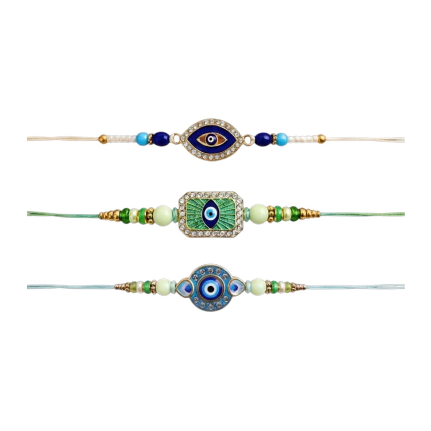 Designer Rakhi for Brother with Roli Chawal, Pooja Coin & Card, Pack of 3