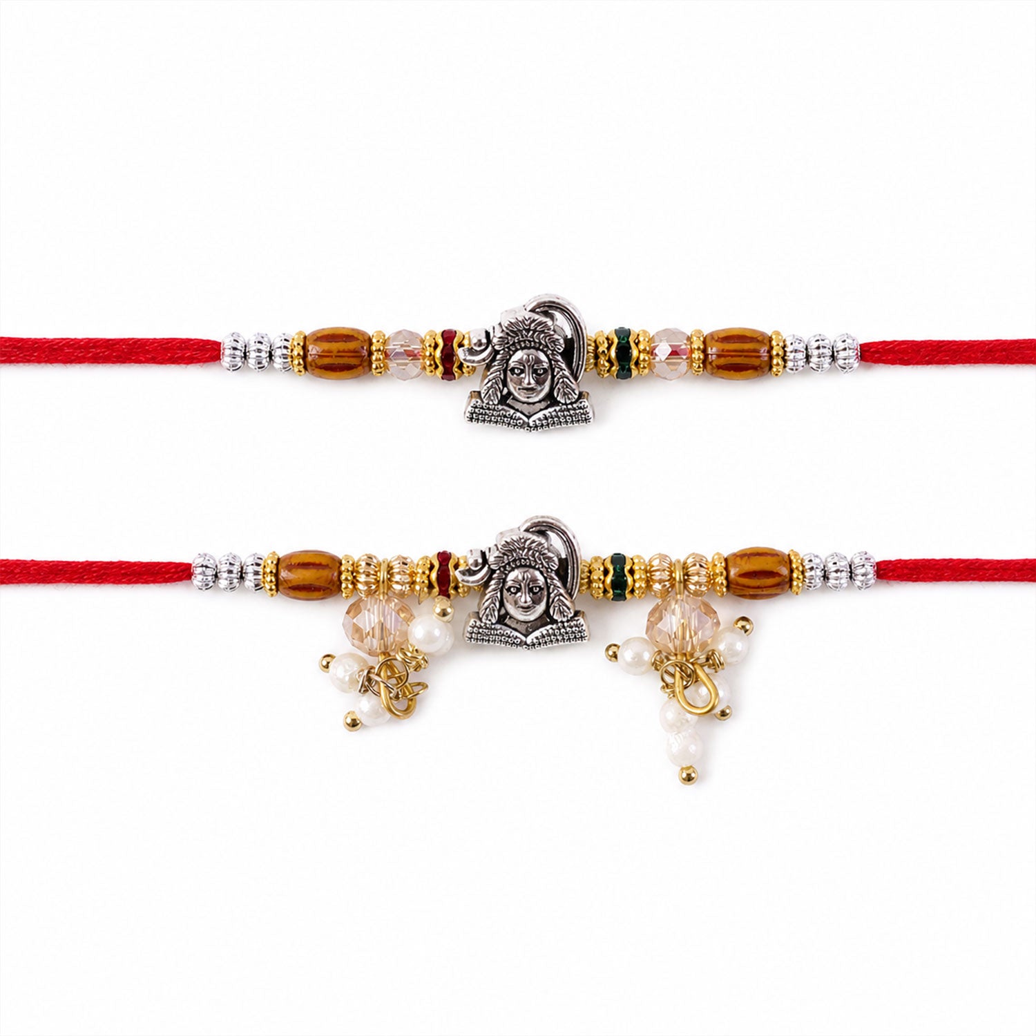 Antique Krishna Couple Rakhi Set with Wooden Beads and Pearl Lumba for Bhaiya Bhabhi