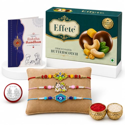 Krishna, Trishul Rakhi Combo - Raksha Bandhan Gift with Choco Butterscotch 32gm, Pack of 7