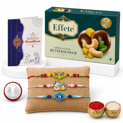 Krishna, Trishul Rakhi Combo - Raksha Bandhan Gift with Choco Butterscotch 32gm, Pack of 7