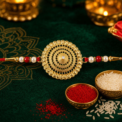 Premium Golden Mandala Pearl Beads Rakhi for Brother