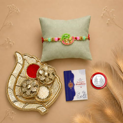 Krishna Bansuri Rakhi Combo - Raksha Bandhan Gift with Leaf Design Pooja Thali, Pack of 5