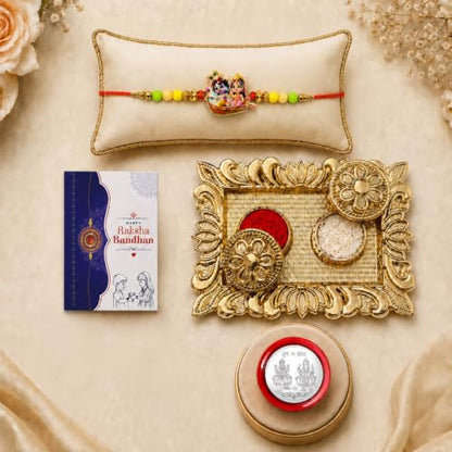 Radhe Krishna Rakhi Combo - Raksha Bandhan Gift with Rectangular Pooja Thali, Pack of 5