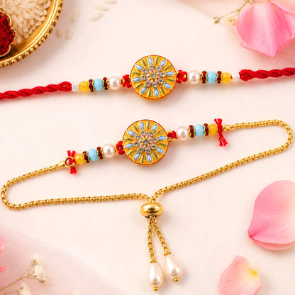 Mandala Floral Beaded Bhai Bhabhi Lumba Rakhi with Pearl Drops