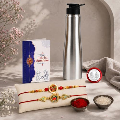OM, Shree Rakhi Combo - Raksha Bandhan Gift with SS Water Bottle 1000ml, Pack of 6