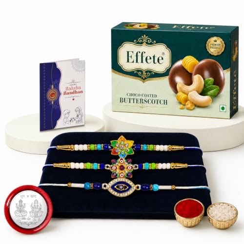 Flower, Evil Eye Rakhi Combo - Raksha Bandhan Gift with Choco Butterscotch 32gm, Pack of 7