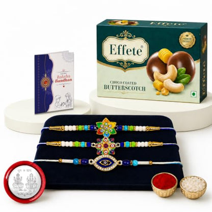 Flower, Evil Eye Rakhi Combo - Raksha Bandhan Gift with Choco Butterscotch 32gm, Pack of 7