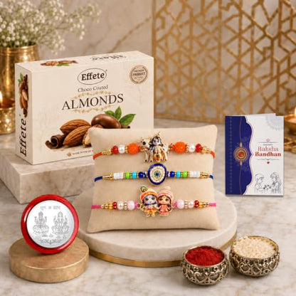 Krishna Cow, Evil Eye Rakhi Combo - Raksha Bandhan Gift with Choco Almonds 32gm, Pack of 7
