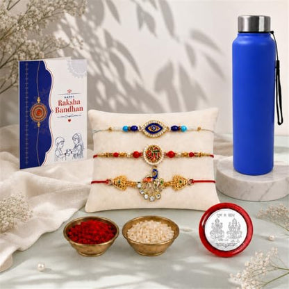 Shree, Evil Eye, Peacock Rakhi Combo - Raksha Bandhan Gift with SS Water Bottle 1000ml