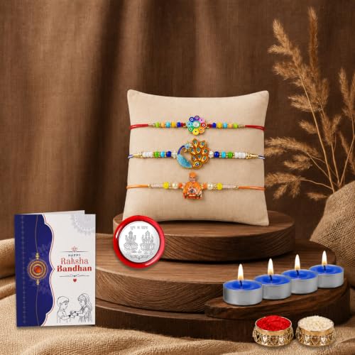 Swami Maharaj Rakhi Combo - Raksha Bandhan Gift with Tealight Candles 4pcs, Pack of 7