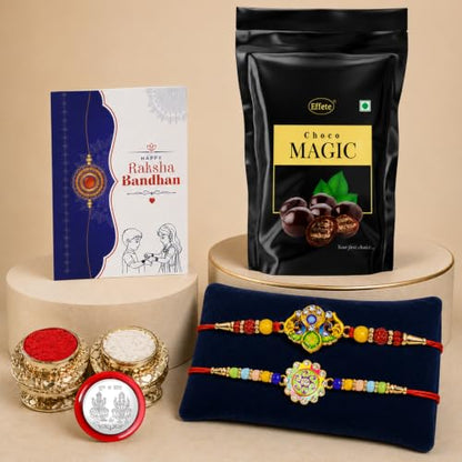 Trishul, Spiral Rakhi Combo - Raksha Bandhan Gift with Choco Magic Standy Pouch, Pack of 6