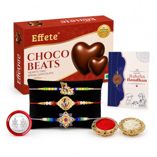 Evil Eye, OM, Krishna Rakhi Combo - Raksha Bandhan Gift with Choco Beats 32gm, Pack of 7